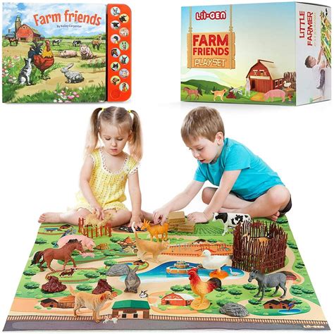 Lil-Gen Farm Animals with Farm Animal Sound Book, 12 Toy Figures with Playmat and Farm ...