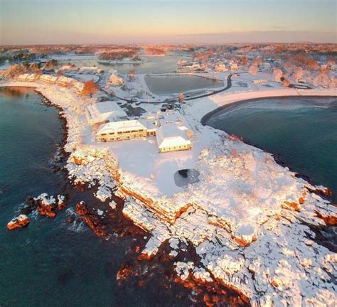 Sunrise winter aerial overlooking Stage Neck Inn, York Harbor, Maine. Photo credit: Atlantic Sky ...