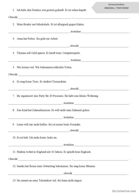 Konzessivsatz: obwohl und trotzdem a…: English ESL worksheets pdf & doc