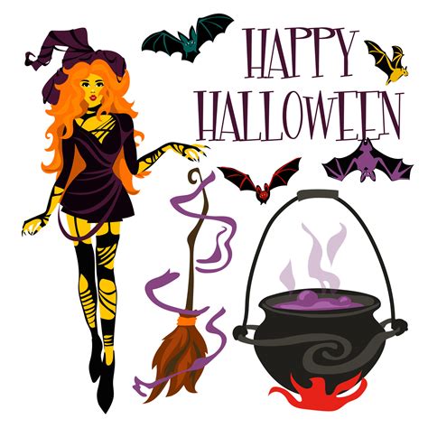 Vector illustration of a witch with bats, a cauldron, a broom and the ...