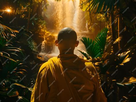 Premium Photo | Buddhist monk meditating near a waterfall during a ...