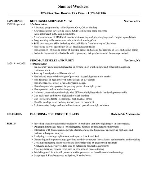 Mathematician Resume Samples | Velvet Jobs