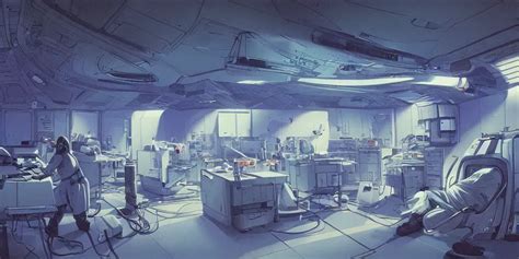 KREA - spaceship medic room , mysterious laboratory, thick blue mist, low ceiling, cables ...