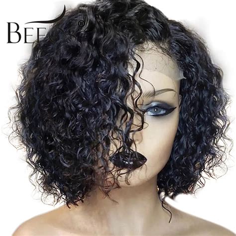 Beeos Brazilian Remy 13*6 Curly Lace Front Human Hair Wigs Short Bob Wig With Preplucked ...