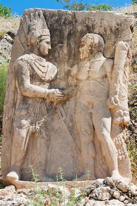 Wall relief of Antiochus I Theos of Commagene shaking hands (dexiosis) with Vahagn (an Armenian ...