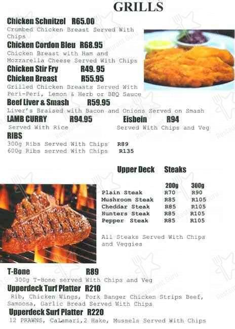 Menu at Upper Deck. restaurant, Nelspruit