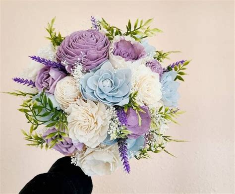 Purple and Blue Wood Flower Bouquet, Light Blue and Lilac Wooden Bride ...