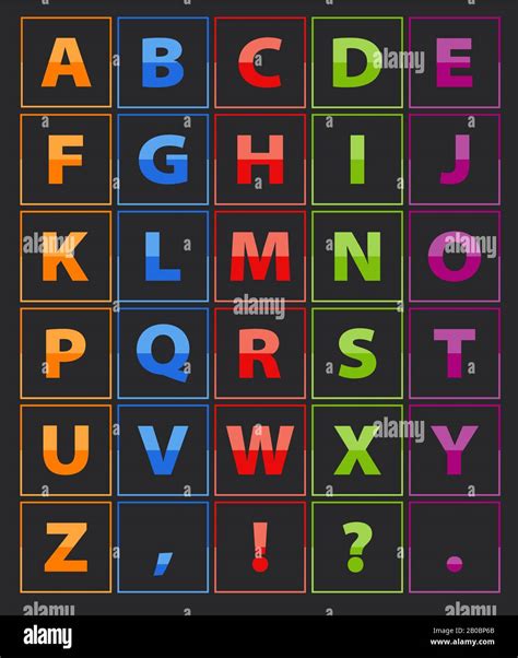 The letter Alphabet, made orange, blue, red, green, purple color. Each ...