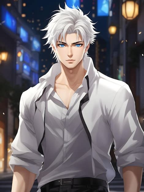 Premium AI Image | Anime boy white hair handsome guy attractive six pack spiky hair blue eyes ...