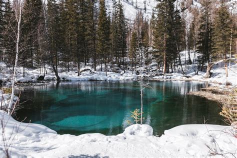 Green Lake Surrounded by Snow Covered Ground · Free Stock Photo