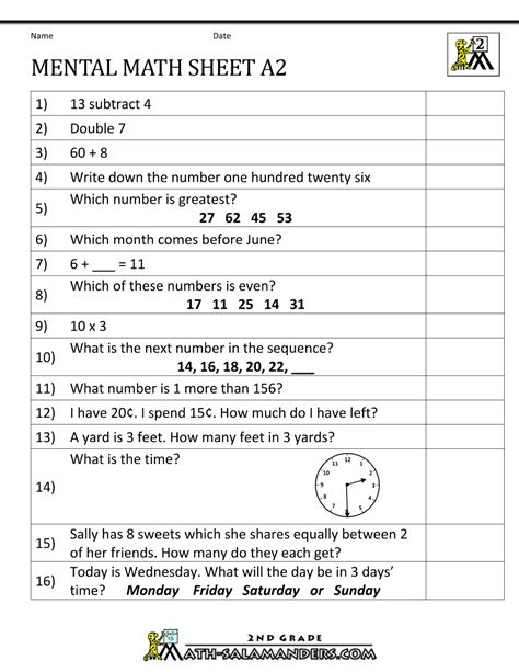 2nd Grade Mental Math Worksheets