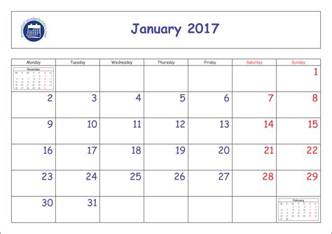 Printable January 2017 Calendar - printable calendar template 2020 2021