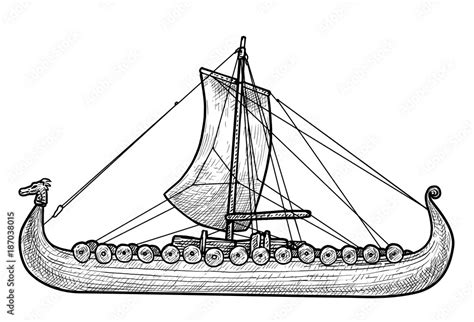 Viking ship illustration, drawing, engraving, ink, line art, vector ...