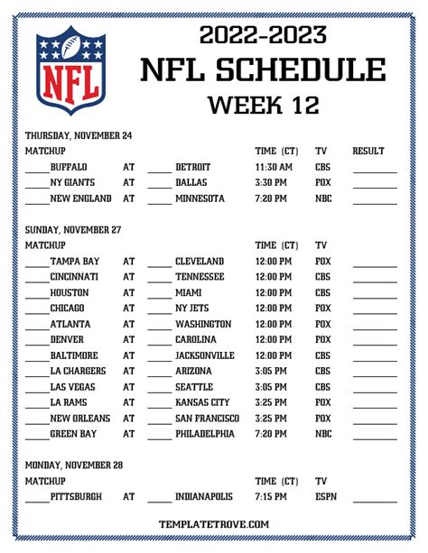 Nfl Schedule Week 12 Printable