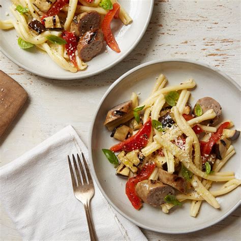 Pasta with Grilled Sausage, Peppers and Eggplant recipe | Epicurious.com