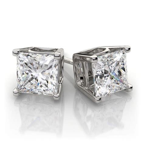 2 Ct Princess Cut Simulated Diamond Earrings Studs Solid 14K White Gold Screw Back Basket Unisex ...