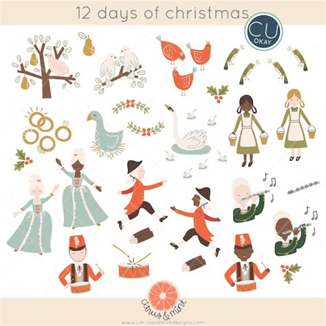 Twelve 12 Days of Christmas Clip Art Graphics Hand-drawn | Etsy