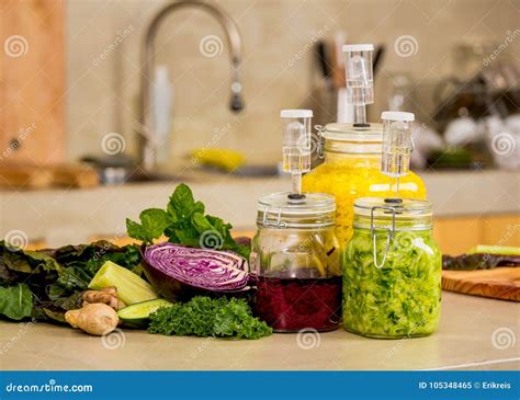 Fermented food jars stock image. Image of kitchen, diet - 105348465