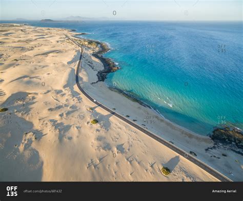 Aerial view of Corralejo Dunes Natural Park and sea in Fuerteventura, Canary Islands. stock ...