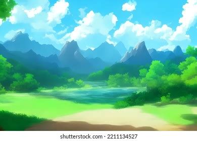 Landscape Scene Illustration Digital Painting Greenery Stock ...