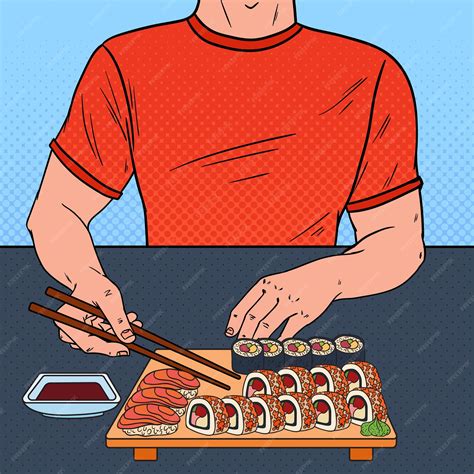 Premium Vector | Pop Art Man Eating Sushi at the Asian Restaurant. Japanese Food.