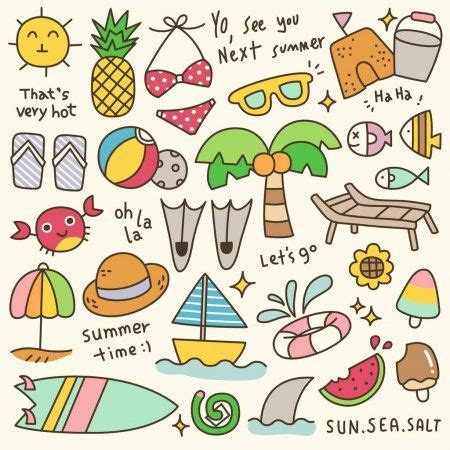 Set of Cute Summer Time Doodle — Stock Illustration in 2020 | Summer drawings, Doodles, Cute doodles