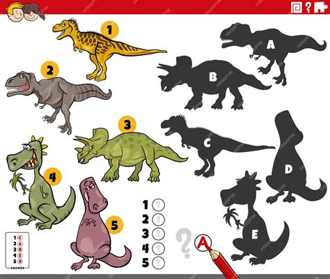 Premium Vector | Shadows game with comic prehistoric dinosaur characters