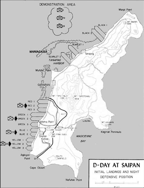 2. Map of Saipan with illustrations of the first day of the battle ...