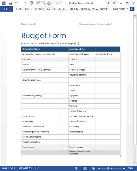 Word Budget Template