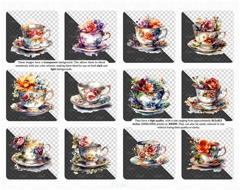 Floral Tea Cup Clipart Bundle 12 Digital PNG Blooming - Etsy