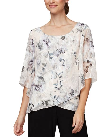 Alex Evenings Floral Chiffon Top - Taupe Floral Evening Blouses ...