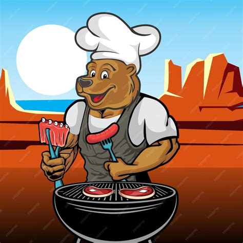 Premium Vector | A cartoon bear chef mascot illustration cooking bbq meat logo design vector ...