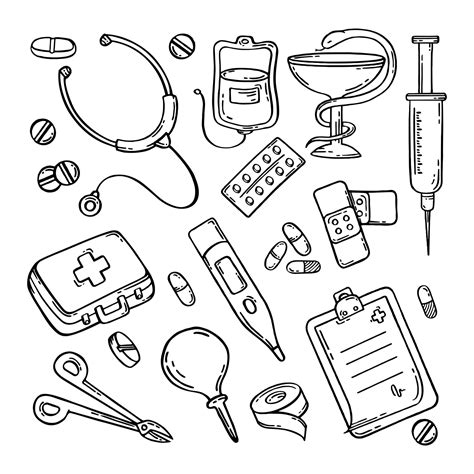 Medical pharmaceutical hospital device set of drawings. Vector ...