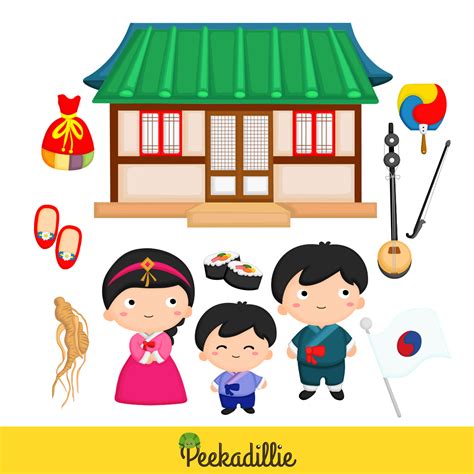 Cute Korean Couple Family Traditional Traditition Culture Hanbok Hanok National Flag Cartoon ...