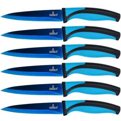 Silislick Stainless Steel Steak Knife Set Of 6 -Blue Handle And Blue Blade - Titanium Coated ...