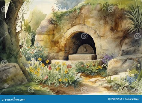 Watercolor Illustration of the Empty Tomb Carved Out of Rock in a ...