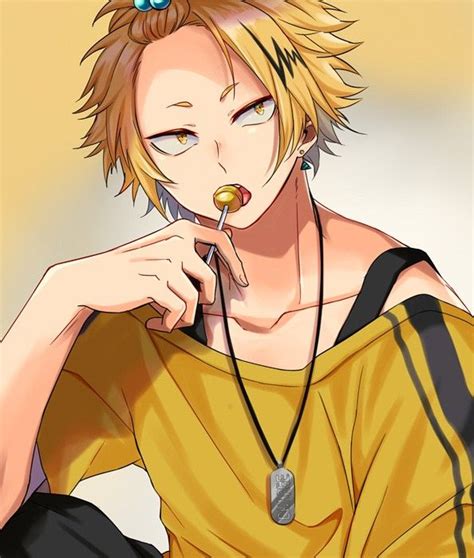 an anime character with blonde hair holding a spoon in his mouth and ...