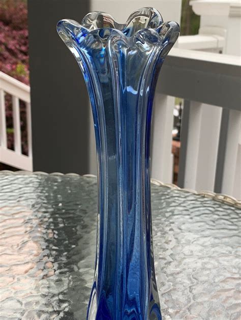 Stunning Vintage Hand Blown Clear and Cobalt Blue Fluted, Scalloped Rimmed Vase by ...