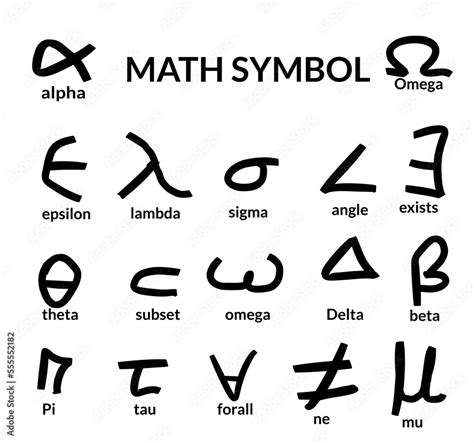 Collection of math symbols in hand drawn style, omega, delta, theta, alpha, lambda, sigma, pi ...