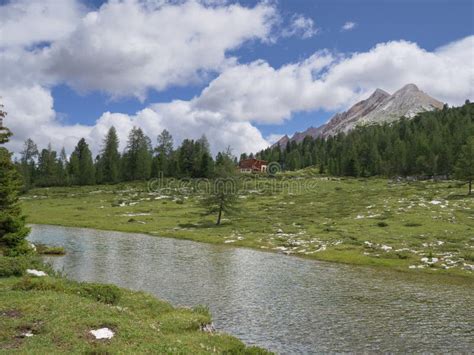 Le Vert Lake Near the Lavarella Hut in the Greenery of the Fanes - Sennes - Braies Nature Park ...