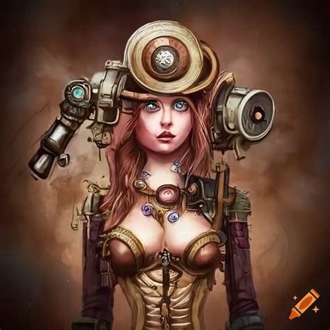 Steampunk girl merged with machine illustration on Craiyon