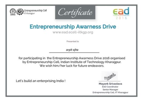 Entrepreneurship Awareness Drive certificate