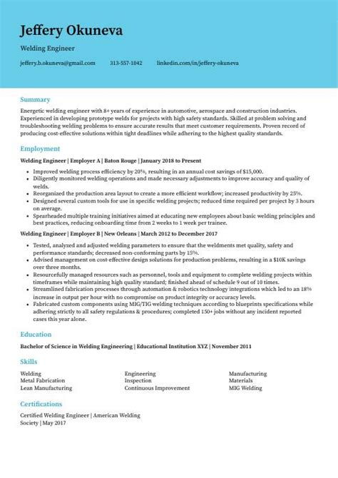 Welding Engineer Resume (CV) Example and Writing Guide