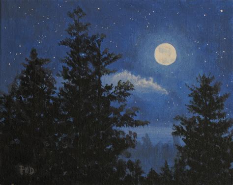 Moon painting night sky stars trees nocturne 8 x 10 | Etsy