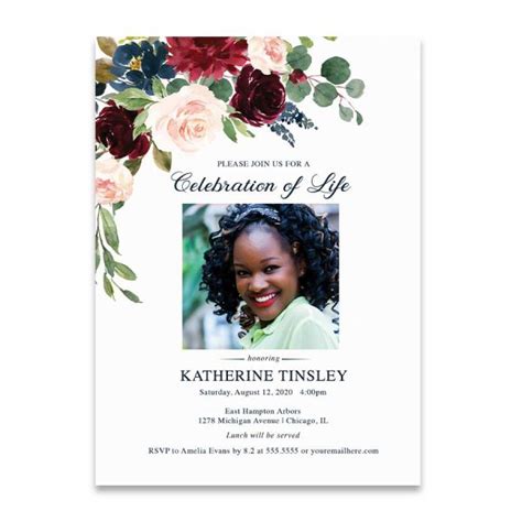 Template Celebration of Life Invitations with a Photo and Florals