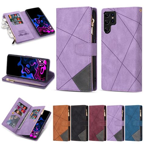 Samsung Galaxy S22 Ultra Color Splicing Lines Wallet Case Purple