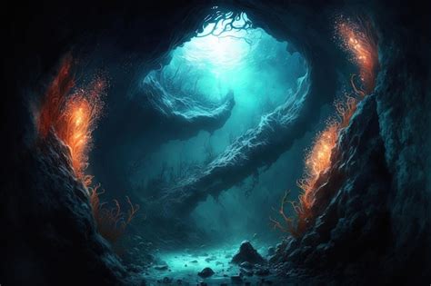 Premium Photo | Underwater cave in fantasy underwater world digital ...