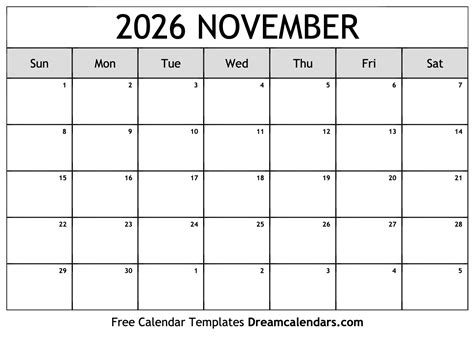 November 2026 Calendar - Free Printable with Holidays and Observances