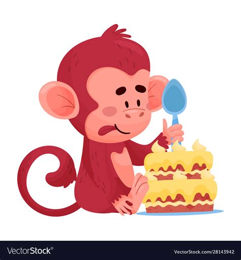 Funny little red monkey eating the cake Royalty Free Vector