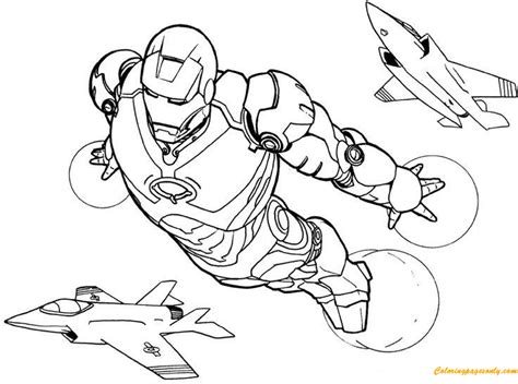 Iron Man Flying with Plane Coloring Page - Free Printable Coloring Pages